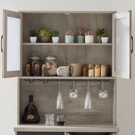 PB9- Farmhouse Wine Cabinet ;  Large Capacity Kitchen Sideboard Storage Cabinet With Wine Rack And Glass Holder;  Adjustable Shelf And 16 Square Compartments - Likeshoppe 