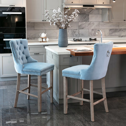BS1- (Set of 2) Contemporary Velvet Upholstered Barstools with Button Tufted Decoration and Wooden Legs;  and Chrome Nailhead Trim;  Leisure Style Bar Chairs; Bar stools;  Set of 2 - Likeshoppe 