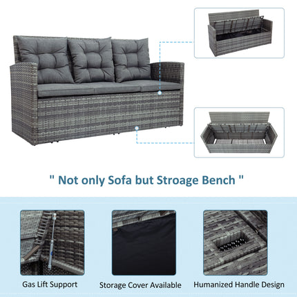 PX1- 5-piece Outdoor UV-Resistant Patio Sofa Set with Storage Bench All Weather PE Wicker Furniture Coversation Set with Glass Table, Gray - Likeshoppe 