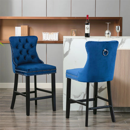 BS2- Furniture; Contemporary Velvet Upholstered Barstools with Button Tufted Decoration and Wooden Legs;  and Chrome Nailhead Trim;  Leisure Style Bar Chairs; Bar stools;  Set of 2 - Likeshoppe 