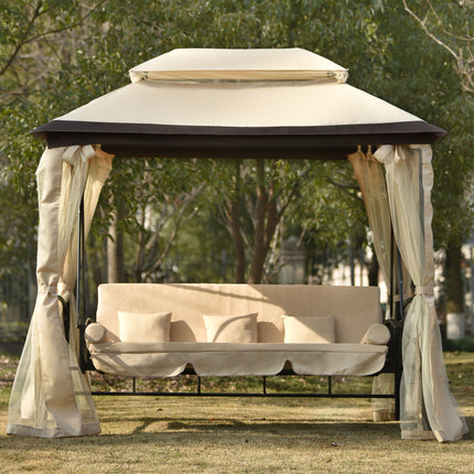 AG8- 8.9 Ft. W x 5.9 Ft. D Outdoor Gazebo with Convertible Swing Bench;  Double Roof Soft Canopy Garden Backyard Gazebo with Mosquito Netting Suitable for Lawn;  Garden;  Backyard - Likeshoppe 