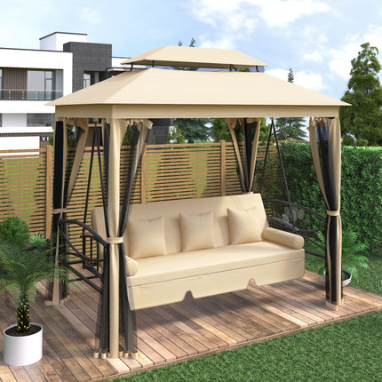 AG8- 8.9 Ft. W x 5.9 Ft. D Outdoor Gazebo with Convertible Swing Bench;  Double Roof Soft Canopy Garden Backyard Gazebo with Mosquito Netting Suitable for Lawn;  Garden;  Backyard - Likeshoppe 