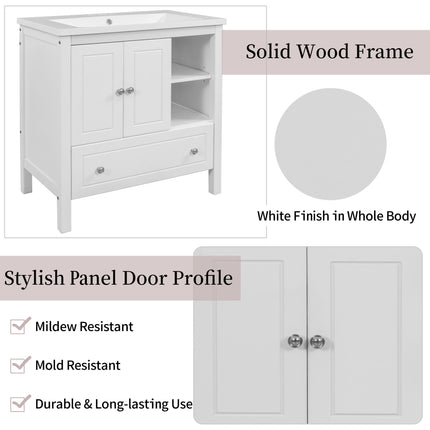 PT10- Bathroom Vanity with Sink;  Bathroom Storage Cabinet with Doors and Drawers;  Solid Wood Frame;  Ceramic Sink - Likeshoppe 