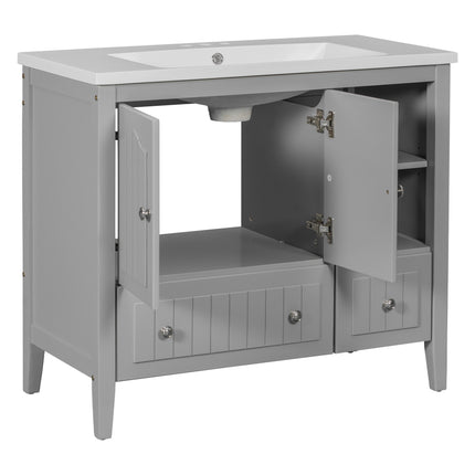 PT1- 36\\" Bathroom Vanity with Ceramic Basin;  Bathroom Storage Cabinet with Two Doors and Drawers;  Solid Frame;  Metal Handles - Likeshoppe 
