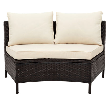 PX16- 5 Pieces All-Weather Brown PE Rattan Wicker Sofa Set Outdoor Patio Sectional Furniture Set Half-Moon Sofa Set with Tempered Glass Table - Likeshoppe 