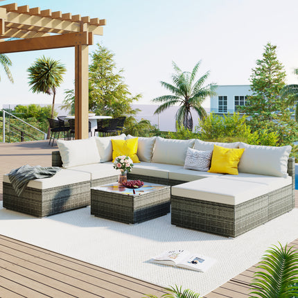 PX7- 8-Pieces Outdoor Patio Furniture Sets;  Garden Conversation Wicker Sofa Set;  Single Sofa Combinable - Likeshoppe 