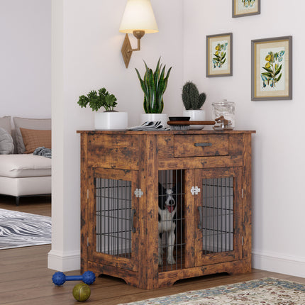 AB7- Furniture Style Dog Crate End Table with Drawer;  Pet Kennels with Double Doors;  Dog House Indoor Use; Rustic brown. - Likeshoppe 