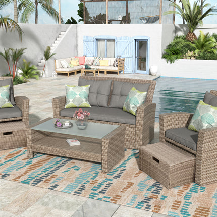 PX8- Patio Furniture Set;  4 Piece Outdoor Conversation Set All Weather Wicker Sectional Sofa with Ottoman and Cushions - Likeshoppe 