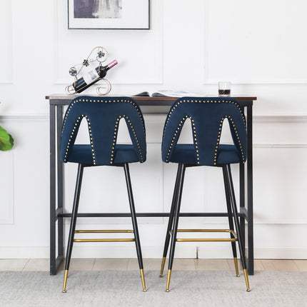 BS6- Collection Modern | Contemporary Velvet Upholstered  28\\" Bar Stool & Counter Stools with Nailheads and Gold Tipped Black Metal Legs,Set of 2 - Likeshoppe 