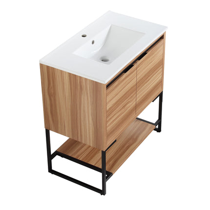 PT5- 32 inches Wood Freestanding Bathroom Vanity Combo with Integrated Ceramic Sink and 2 Soft Close Doors - Likeshoppe 