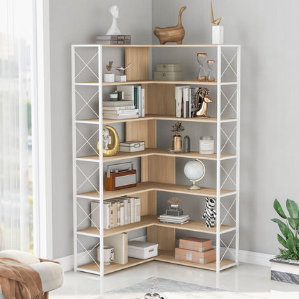 BC2- 7-Tier Bookcase Home Office Bookshelf, L-Shaped Corner Bookcase with Metal Frame, Industrial Style Shelf with Open Storage, MDF Board - Likeshoppe 