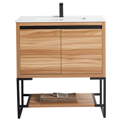 PT5- 32 inches Wood Freestanding Bathroom Vanity Combo with Integrated Ceramic Sink and 2 Soft Close Doors - Likeshoppe 