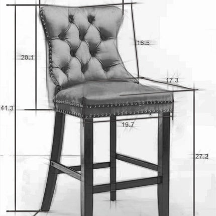 BS1- (Set of 2) Contemporary Velvet Upholstered Barstools with Button Tufted Decoration and Wooden Legs;  and Chrome Nailhead Trim;  Leisure Style Bar Chairs; Bar stools;  Set of 2 - Likeshoppe 