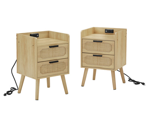 ST1-  Rattan nightstand with socket side table natural handmade rattan(2PC; Natural ; 15.55''W*13.78''D*23.82''H) - Likeshoppe 