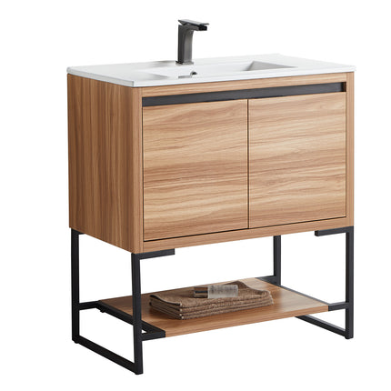 PT5- 32 inches Wood Freestanding Bathroom Vanity Combo with Integrated Ceramic Sink and 2 Soft Close Doors - Likeshoppe 