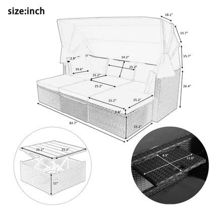 PX2- Outdoor Patio Rectangle Daybed with Retractable Canopy, Wicker Furniture Sectional Seating with Washable Cushions, Backyard, Porch - Likeshoppe 