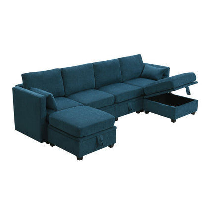 109*54.7\" Chenille Modular Sectional Sofa,U Shaped Couch with Adjustable Armrests and Backrests,6 Seat Reversible Sofa Bed with Storage Seats for Living Room, Apartment,2 Colors - Likeshoppe 