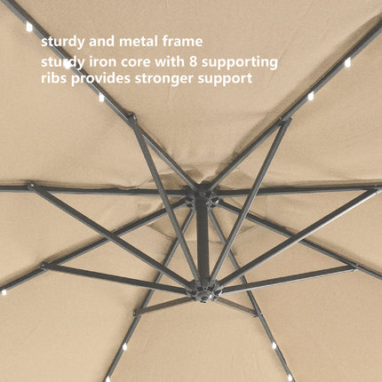 PZ2- 10 FT Solar LED Patio Outdoor Umbrella Hanging Cantilever Umbrella Offset Umbrella Easy Open Adustment with 24 LED Lights - tan - Likeshoppe 