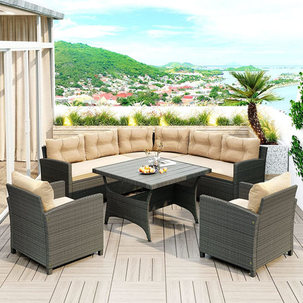 PX14- 6-Piece Outdoor Wicker Sofa Set, Patio Rattan Dinning Set, Sectional Sofa with Thick Cushions and Pillows, Plywood Table Top, For Garden, Yard, Deck - Likeshoppe 