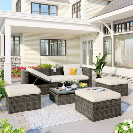 PX9- Patio Furniture Sets;  5-Piece Patio Wicker Sofa with Adustable Backrest;  Cushions;  Ottomans and Lift Top Coffee Table - Likeshoppe 