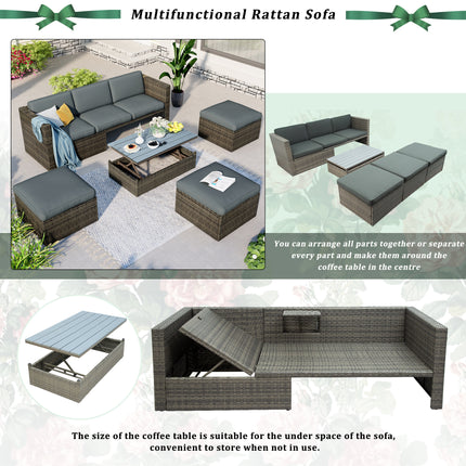 PX9- Patio Furniture Sets;  5-Piece Patio Wicker Sofa with Adustable Backrest;  Cushions;  Ottomans and Lift Top Coffee Table - Likeshoppe 