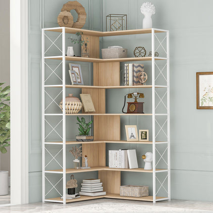 BC2- 7-Tier Bookcase Home Office Bookshelf, L-Shaped Corner Bookcase with Metal Frame, Industrial Style Shelf with Open Storage, MDF Board - Likeshoppe 