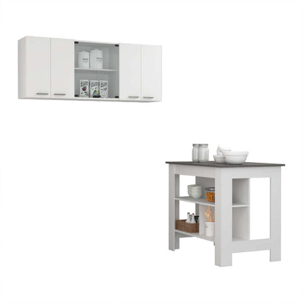 PA4- Norfolk 2 Piece Kitchen Set, Kitchen Island + Upper Wall Cabinet , White /Walnut - Likeshoppe 