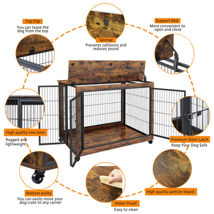 AB5- Furniture Style Dog Crate Side Table on Wheels with Double Doors and Lift Top - Likeshoppe 