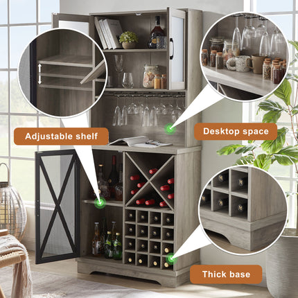 PB9- Farmhouse Wine Cabinet ;  Large Capacity Kitchen Sideboard Storage Cabinet With Wine Rack And Glass Holder;  Adjustable Shelf And 16 Square Compartments - Likeshoppe 