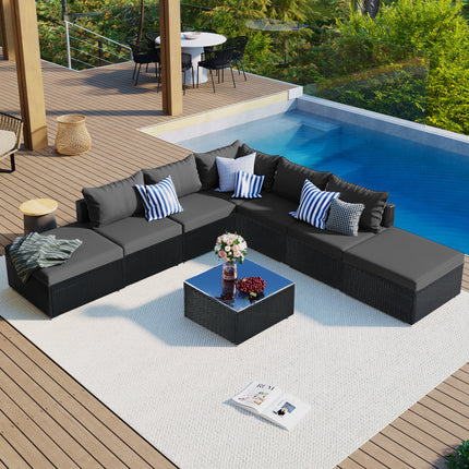 PX7- 8-Pieces Outdoor Patio Furniture Sets;  Garden Conversation Wicker Sofa Set;  Single Sofa Combinable - Likeshoppe 