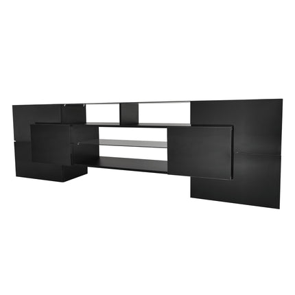 TV15- ON-TREND Unique Shape TV Stand with 2 Illuminated Glass Shelves, High Gloss Entertainment Center for TVs Up to 80", Versatile TV Cabinet with LED Color Changing Lights for Living Room, Black - Likeshoppe 