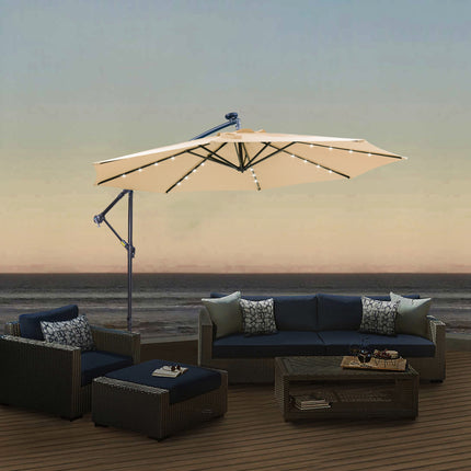 PZ2- 10 FT Solar LED Patio Outdoor Umbrella Hanging Cantilever Umbrella Offset Umbrella Easy Open Adustment with 24 LED Lights - tan - Likeshoppe 