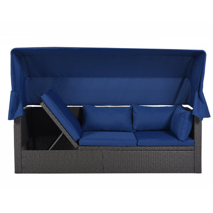 PX2- Outdoor Patio Rectangle Daybed with Retractable Canopy, Wicker Furniture Sectional Seating with Washable Cushions, Backyard, Porch - Likeshoppe 
