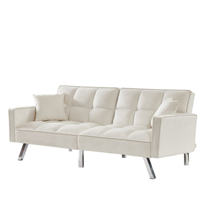U5- Modern Velvet Sofa Couch Bed with Armrests and 2 Pillows for Living Room and Bedroom .(White) - Likeshoppe 