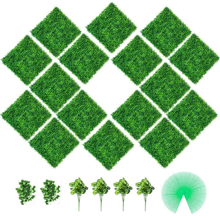 AJ3-  Artificial Boxwood Panels, 16 PCS 20"x20" Boxwood Hedge Wall Panels, PE Artificial Grass Backdrop Wall 1.6", Privacy Hedge Screen for Decoration of Outdoor, Indoor, Garden, Fence, and Backyard - Likeshoppe 