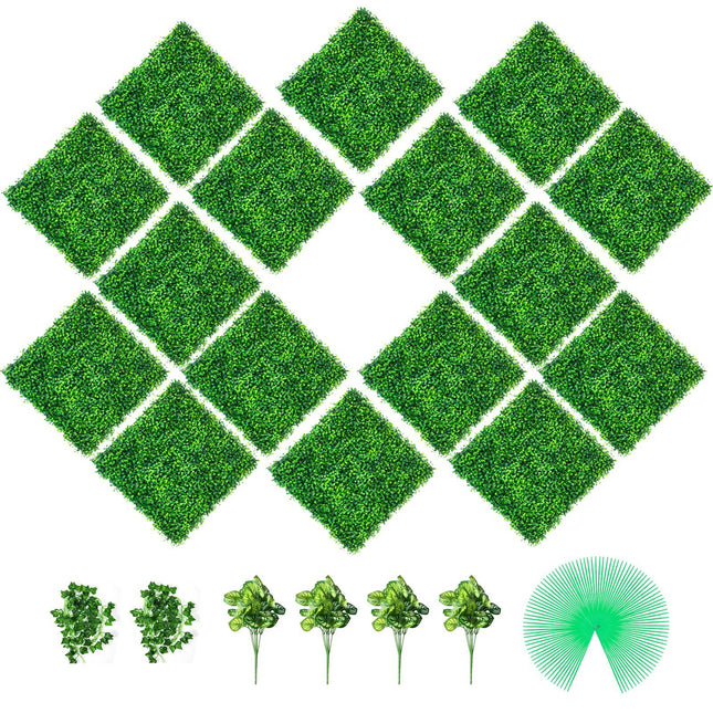 AJ3-  Artificial Boxwood Panels, 16 PCS 20"x20" Boxwood Hedge Wall Panels, PE Artificial Grass Backdrop Wall 1.6", Privacy Hedge Screen for Decoration of Outdoor, Indoor, Garden, Fence, and Backyard - Likeshoppe 
