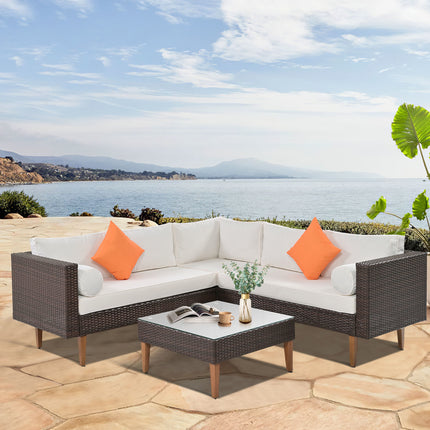 PX6- 4-pieces Outdoor Wicker Sofa Set;  Patio Furniture with Colorful Pillows;  L-shape sofa set;  Gray cushions and Black Rattan - Likeshoppe 
