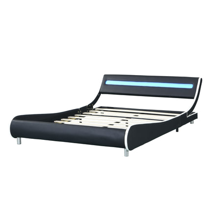 PF2- Faux Leather Upholstered Platform Bed Frame with led lighting , Curve Design, Wood Slat Support, No Box Spring Needed, Easy Assemble, Queen Size, - Likeshoppe 