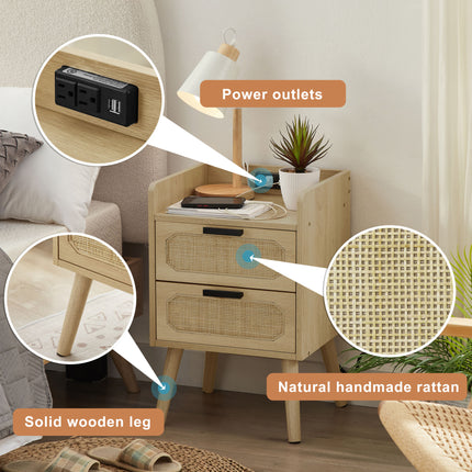 ST1-  Rattan nightstand with socket side table natural handmade rattan(2PC; Natural ; 15.55''W*13.78''D*23.82''H) - Likeshoppe 