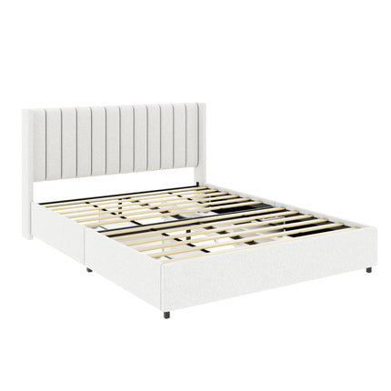 BR9- Anda Queen Size Ivory Boucle Upholstered Platform Bed with Patented 4 Drawers Storage, Tufted Headboard, Wooden Slat Mattress Support, No Box Spring Needed. - Likeshoppe 