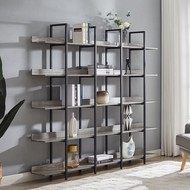 BC1- 5 Tier Bookcase Home Office Open Bookshelf, Vintage Industrial Style Shelf with Metal Frame, MDF Board - Likeshoppe 