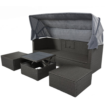 PX2- Outdoor Patio Rectangle Daybed with Retractable Canopy, Wicker Furniture Sectional Seating with Washable Cushions, Backyard, Porch - Likeshoppe 