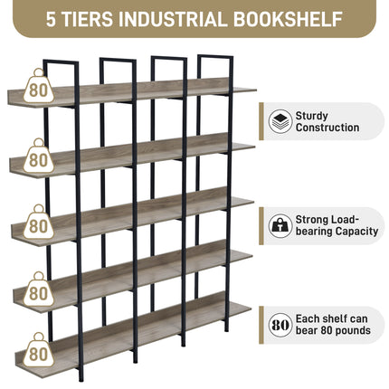 BC1- 5 Tier Bookcase Home Office Open Bookshelf, Vintage Industrial Style Shelf with Metal Frame, MDF Board - Likeshoppe 