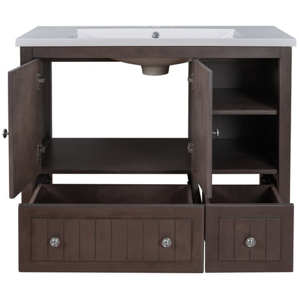 PT1- 36\\" Bathroom Vanity with Ceramic Basin;  Bathroom Storage Cabinet with Two Doors and Drawers;  Solid Frame;  Metal Handles - Likeshoppe 