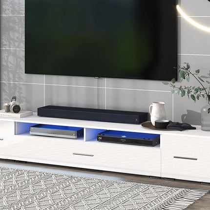 TV13- ON-TREND Extended, Minimalist Design TV stand with Color Changing LED Lights, Modern Universal Entertainment Center, High Gloss TV Cabinet for 90+ inch TV, White - Likeshoppe 
