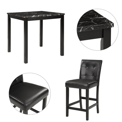 DS7-  5-Piece Kitchen Table Set Faux Marble Top Counter Height Dining Table Set with 4 PU Leather-Upholstered Chairs (Black) - Likeshoppe 