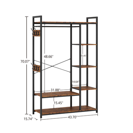PQ1- Free-Standing Closet Organizer with Storage Box & Side Hook;  Portable Garment Rack with 6 Shelves and Hanging Rod;  Black Metal Frame&Rustic Board Finish;  Hanging Closet Shelves (Rustic Brown). - Likeshoppe 