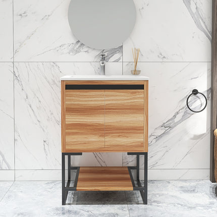 PT6- 24 inches Wood Freestanding Bathroom Vanity Combo with Integrated Ceramic Sink and 2 Soft Close Doors - Likeshoppe 