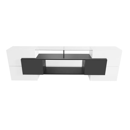 TV12- ON-TREND Unique Shape TV Stand with 2 Illuminated Glass Shelves, High Gloss Entertainment Center for TVs Up to 88", Versatile TV Cabinet with LED Color Changing Lights for Living Room, Black&White - Likeshoppe 