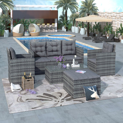 PX1- 5-piece Outdoor UV-Resistant Patio Sofa Set with Storage Bench All Weather PE Wicker Furniture Coversation Set with Glass Table, Gray - Likeshoppe 